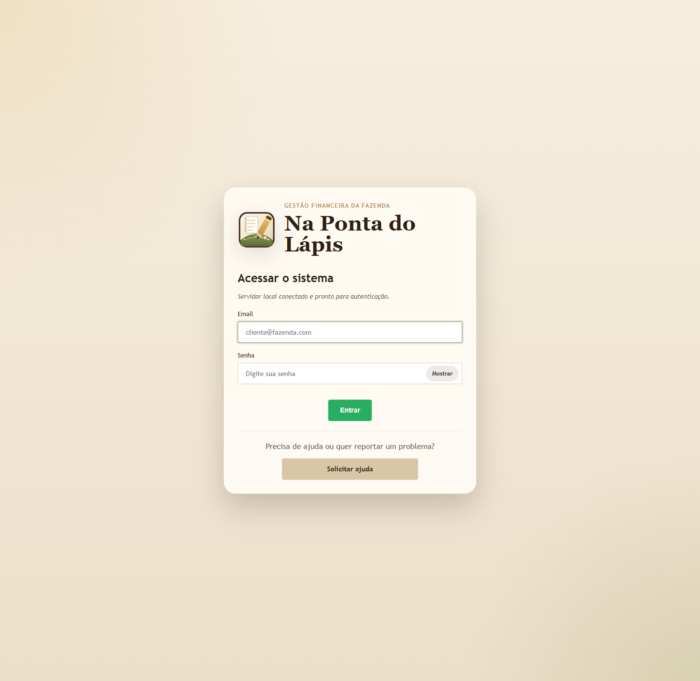Tela de login do sistema Na Ponta do Lápis