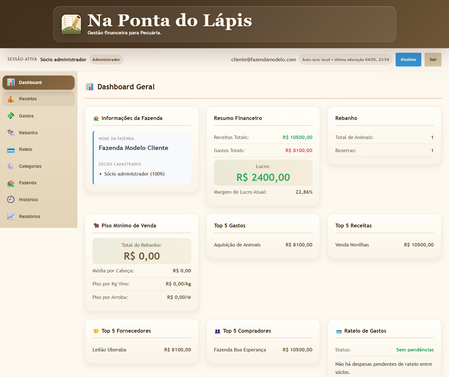 Dashboard do sistema com resumo financeiro e visão do rebanho