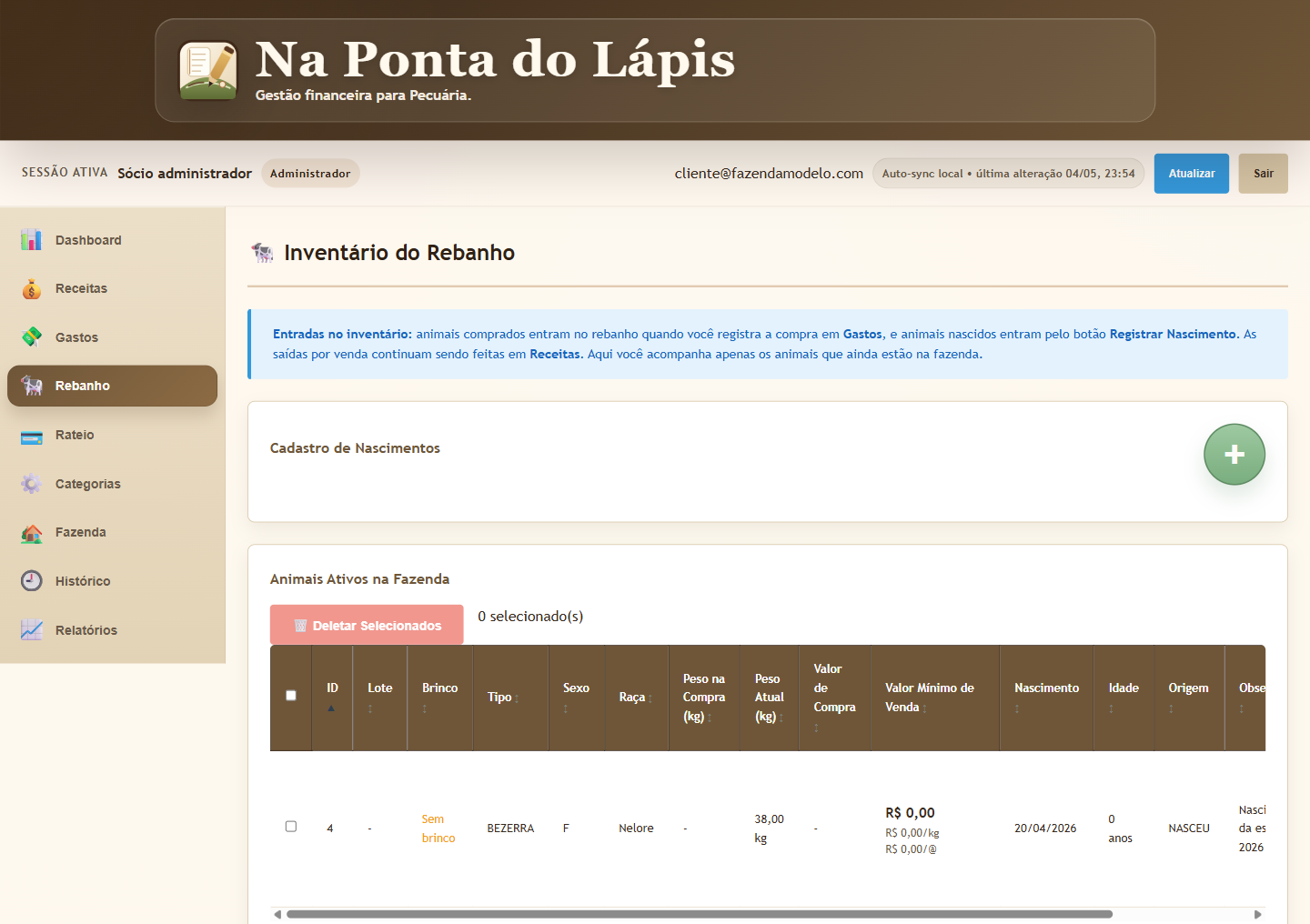 Inventário do rebanho com tabela de animais ativos